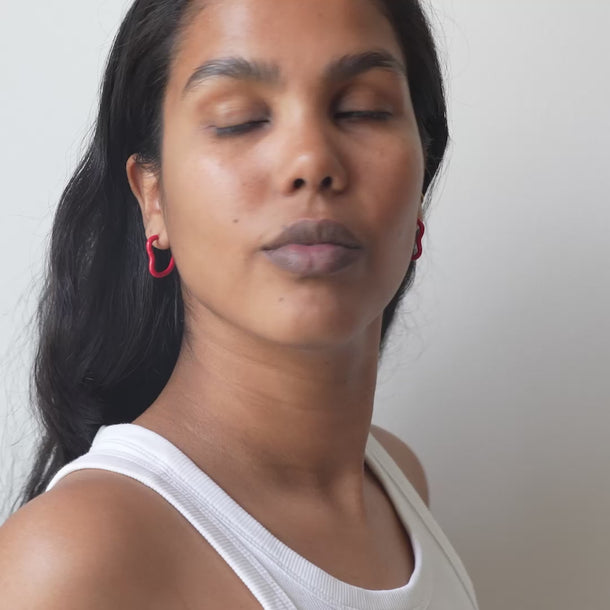 ENAMEL Copenhagen Hoops, Organic Enamel Heart Earrings Red